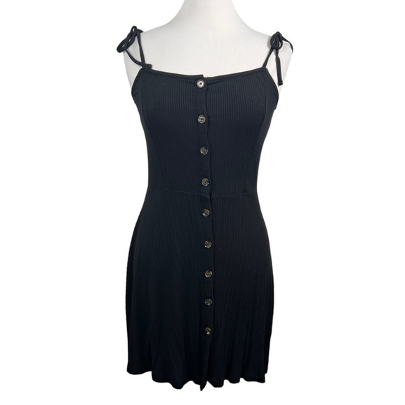 TOPSHOP Button Front Ribbed Knit Skater Style Fit & Flare Shoulder Tie Sundress - Picture 1 of 5